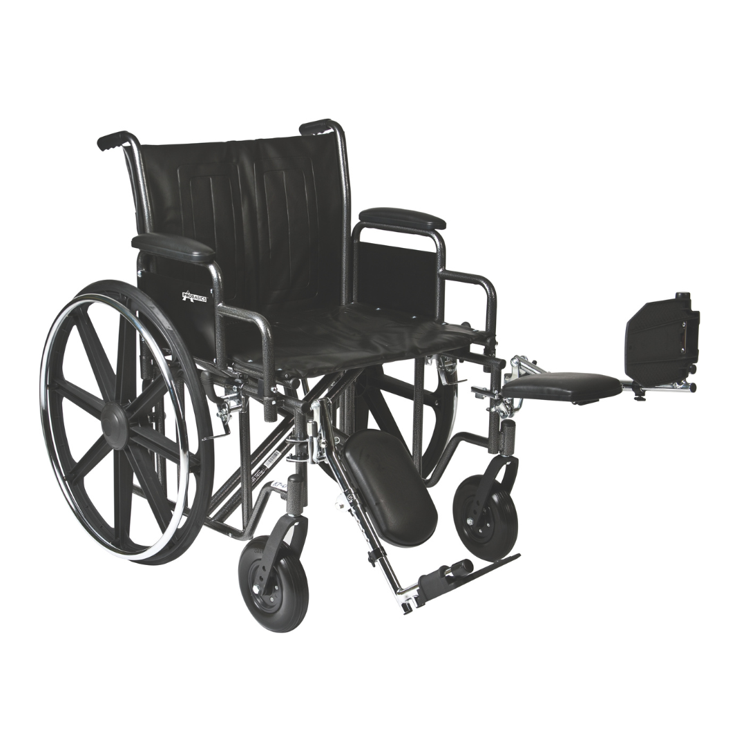 The ProBasics K7 Heavy Duty Bariatric Wheelchair, in black, features large rear wheels, small front wheels, armrests, and an elevated right leg rest, displayed against a white background.